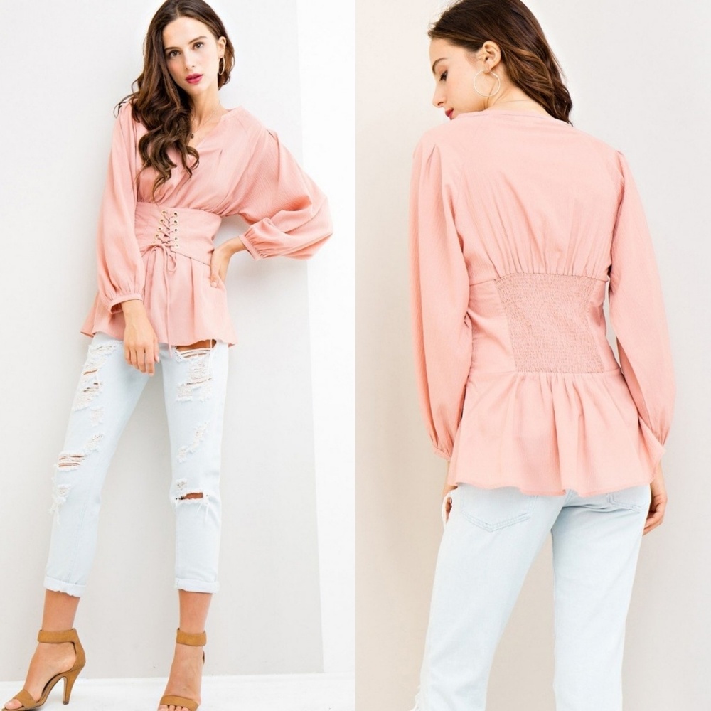 Blush Tie Front Long Sleeve Blouse